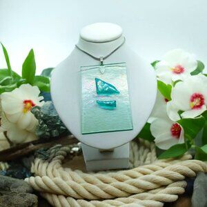 Textured coastal abstract sailboat statement pendant necklace Festival jewelry